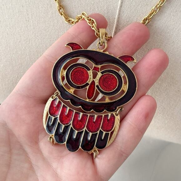 Vintage Gold Tone Red Owl Big Statement Estate Necklace 23.5” Jewelry Fashion - Picture 5 of 7